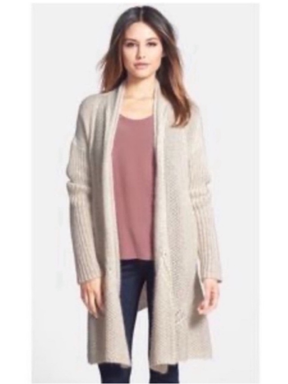 The Fisher Project Mohair Blend Open-Front Knit Cardigan Sweater in Beige Size S